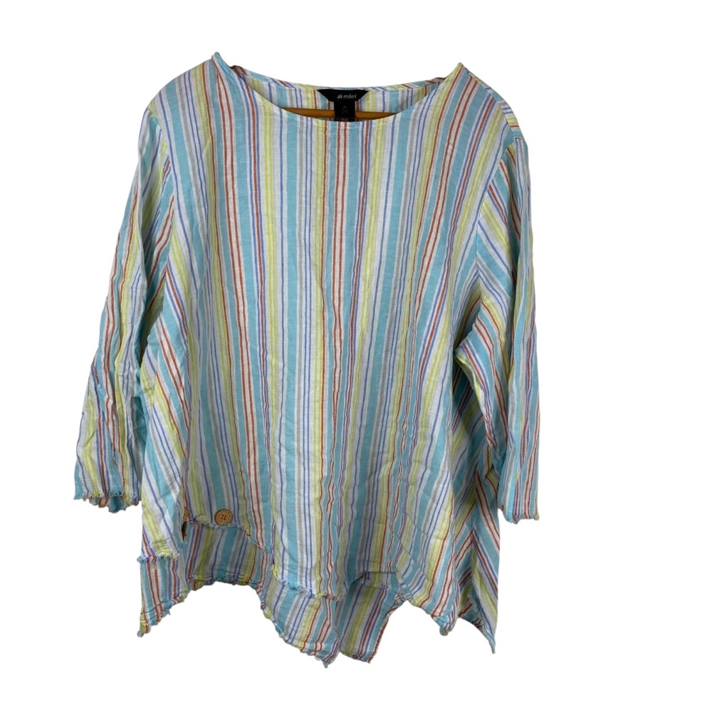 Ali Miles Top Women's Sz 3X Linen Cotton Blend Multicolor Stripes Boho Coastal